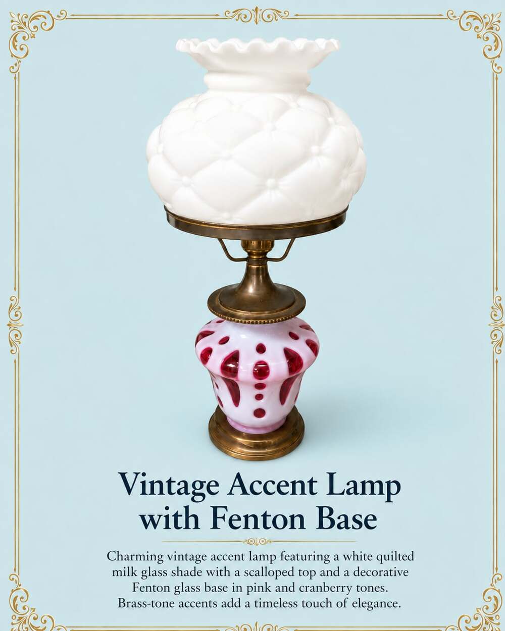 Vintage Accent Lamp with Quilted Milk Glass Shade and Pink Cranberry  Opalescent